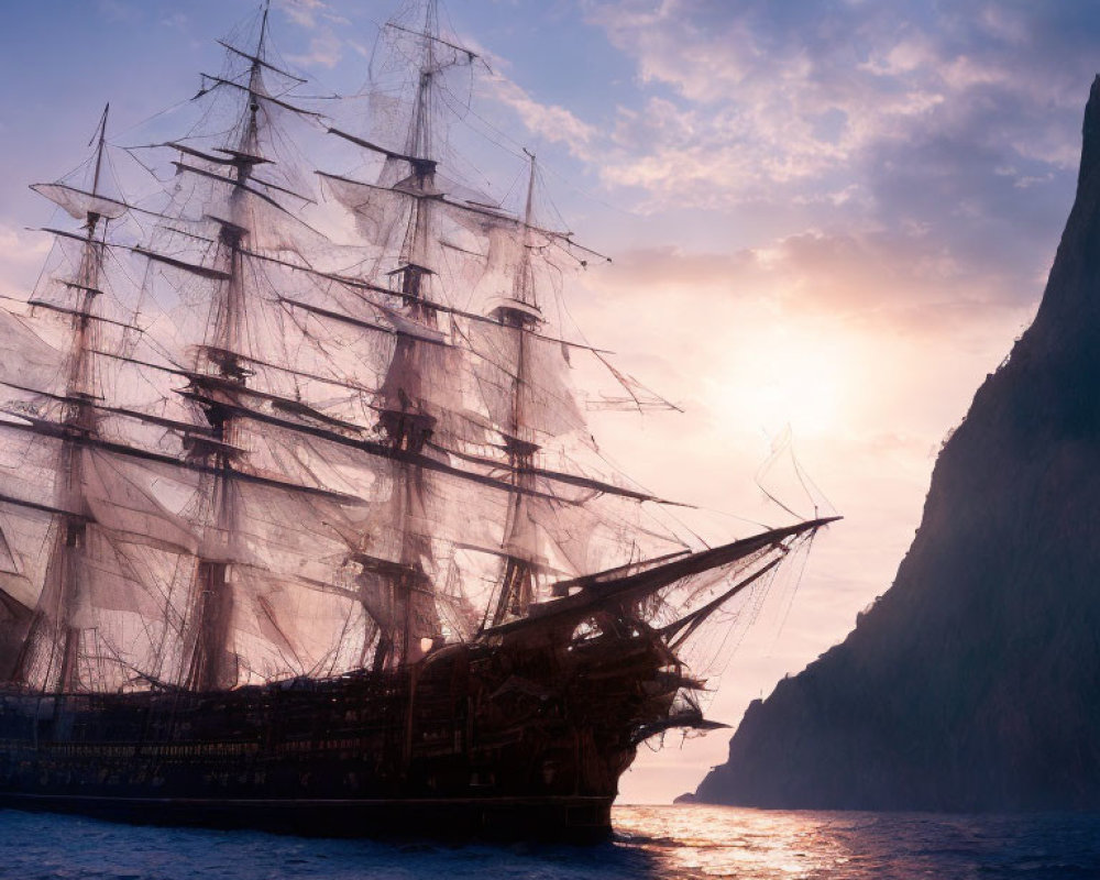 Majestic sailing ship silhouette at sunset near rugged coastline