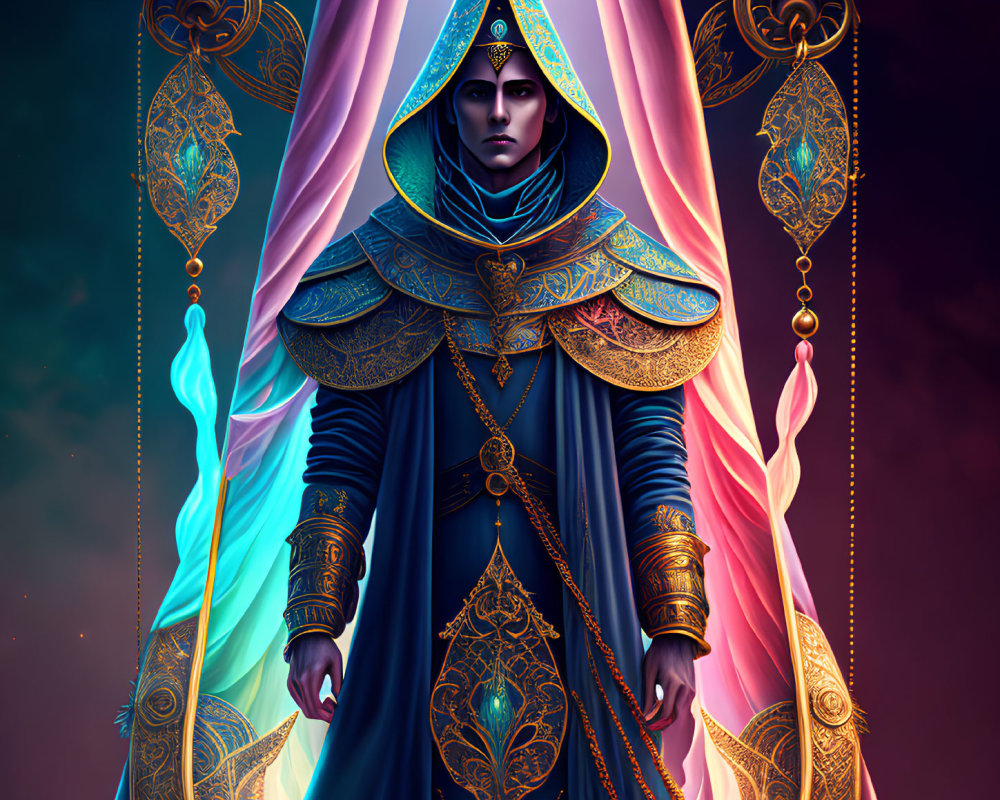 Regal Figure in Blue and Gold Cloak on Mystical Background