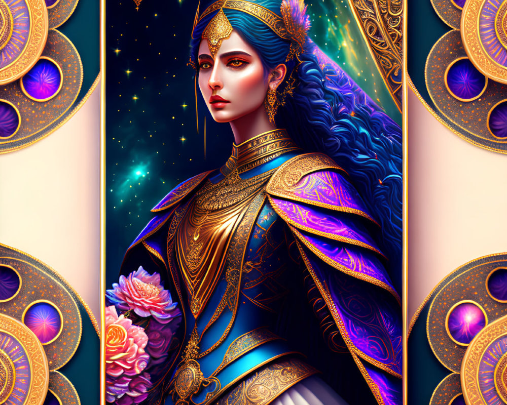Illustrated female figure in regal blue attire against starry background with ornate purple and gold frame