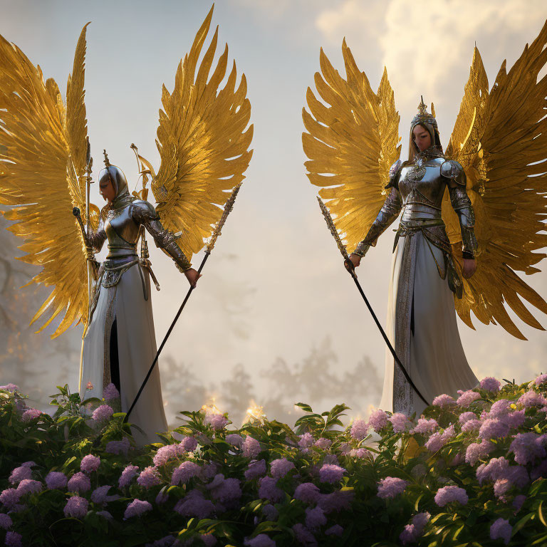 Golden-winged angelic figures in ornate armor among pink flowers in misty forest.