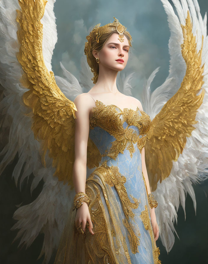Majestic figure with white wings, golden gown, and crown, exuding elegance