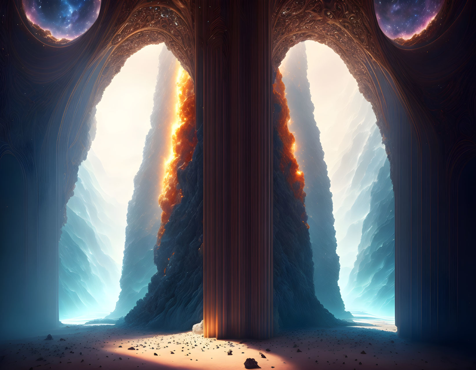 Fantastical cavern with ornate arches, glowing lava flows, and celestial sky