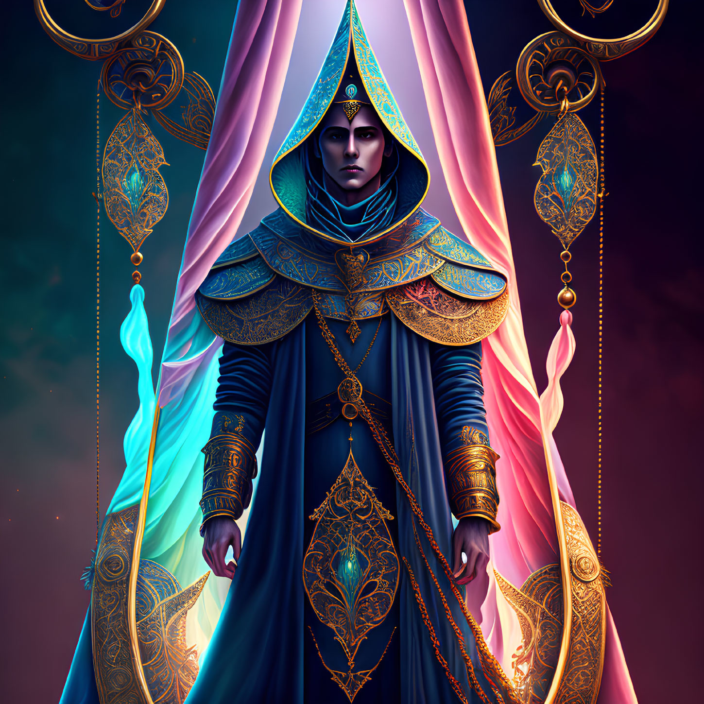 Regal Figure in Blue and Gold Cloak on Mystical Background