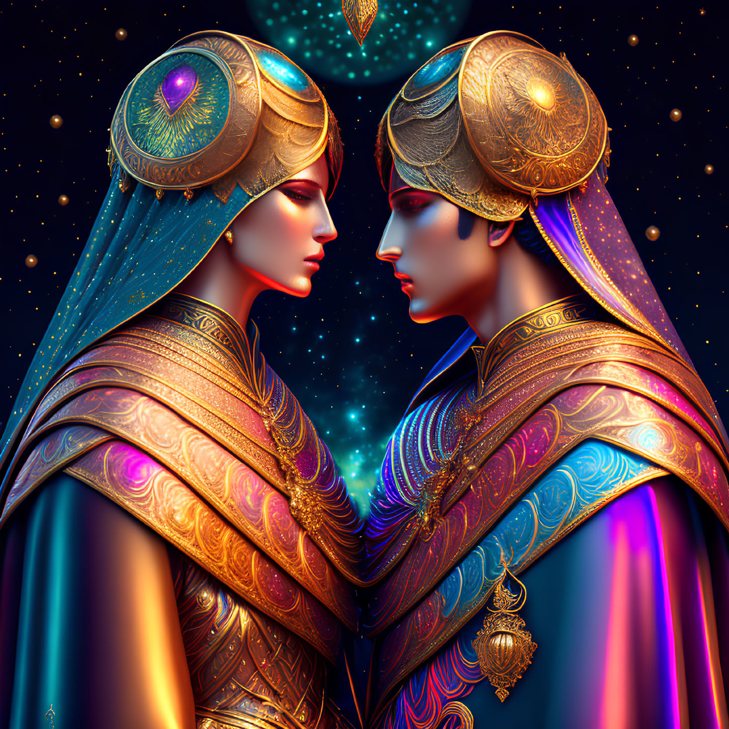 Stylized characters in elaborate headdresses and garments against starry backdrop