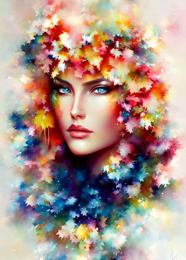 Colorful digital painting: Woman's face with blue eyes in leafy aura