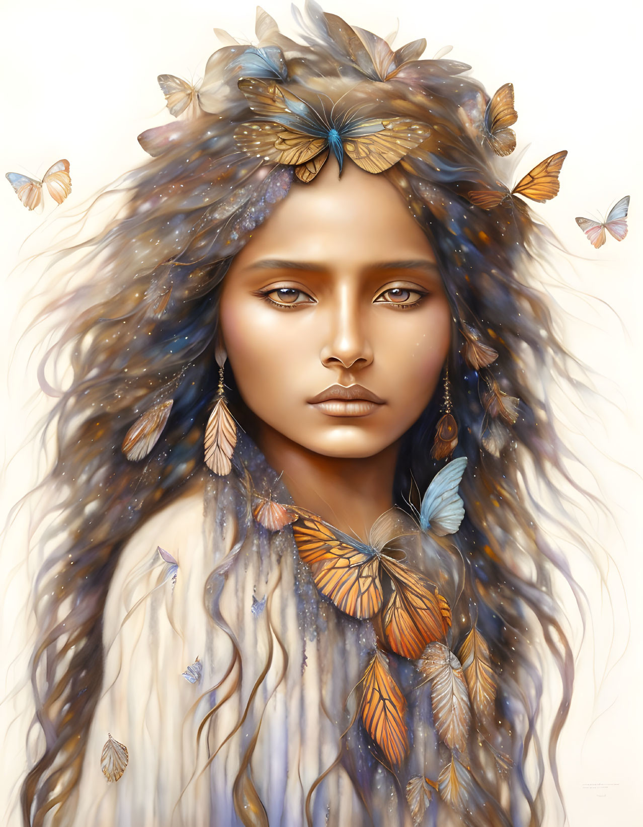 Beautiful Woman with Butterflies in Hair