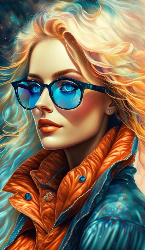 Colorful digital artwork: Woman with multicolored hair, blue glasses, vibrant jacket, cosmic background