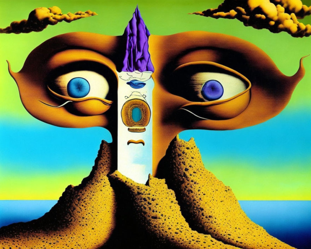 Surreal landscape with anthropomorphic suns, nose-shaped mountain, and clock-face mouth