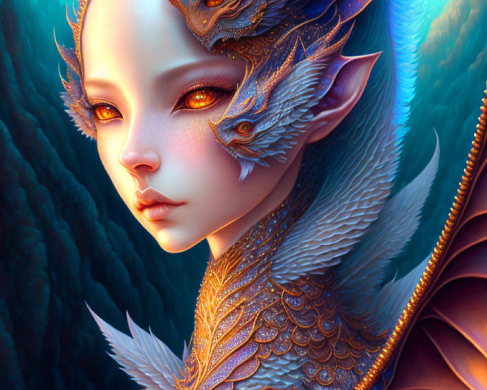 Illustration of female character with dragon-like features in forested setting