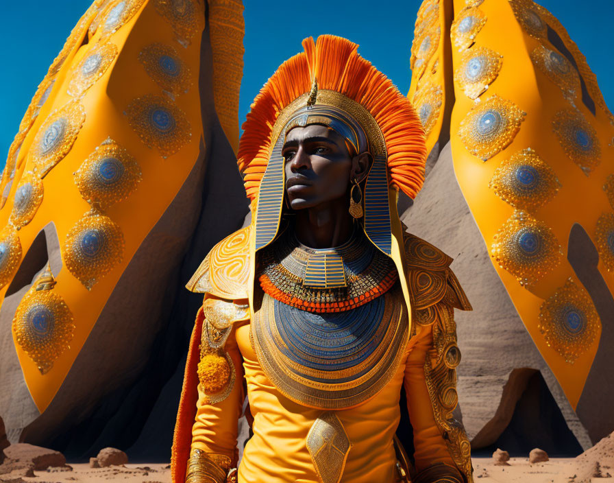 Ancient Egyptian-style costume with headdress and wings in desert setting