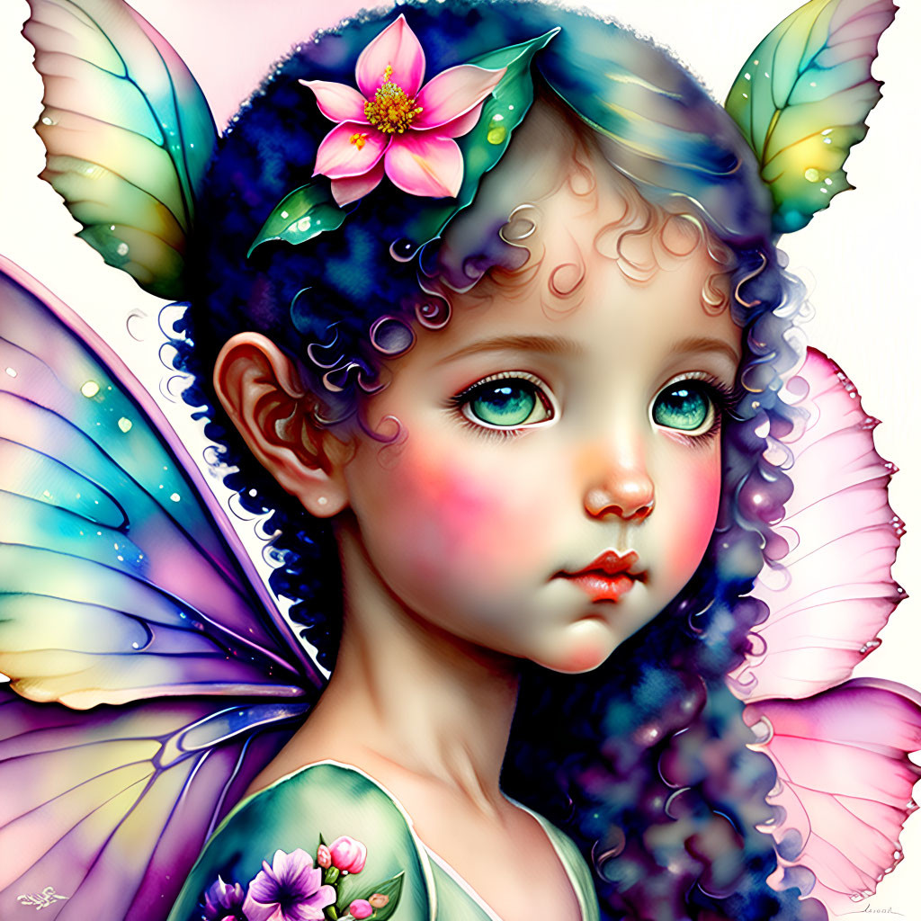 Colorful young fairy with butterfly wings and flower in hair