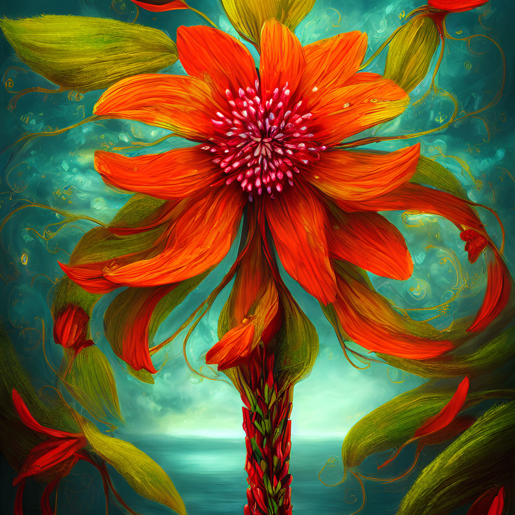 Colorful Digital Painting of Red-Orange Flower on Teal Background
