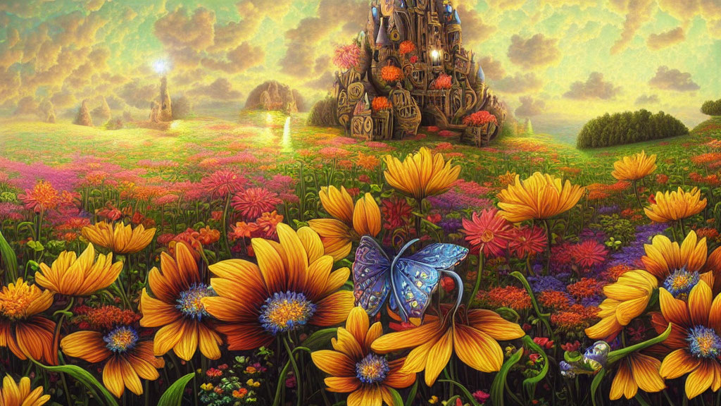 Colorful Meadow with Whimsical Castle, Flowers, Butterfly, and Golden Sky