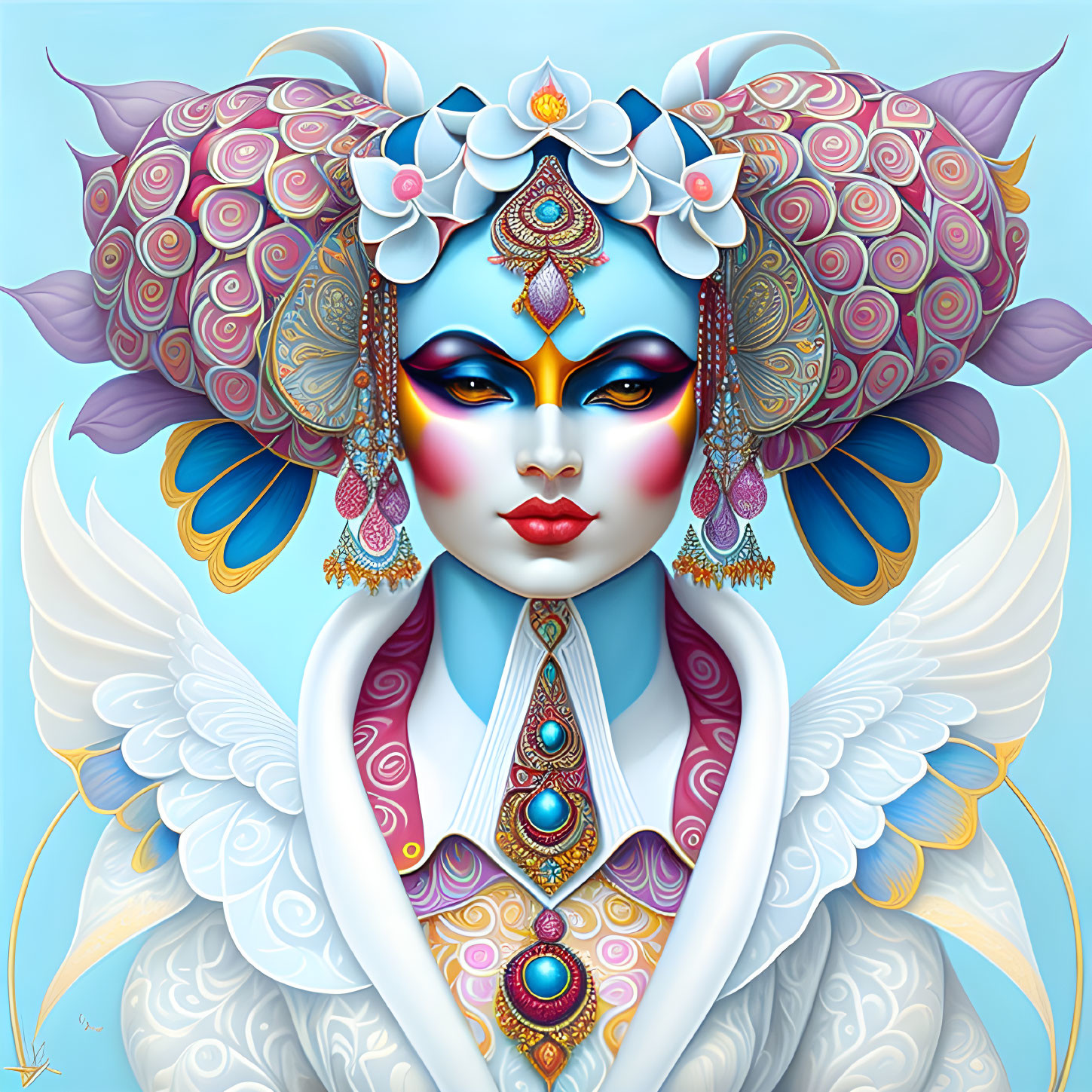 Colorful Stylized Portrait of Deity with Blue Skin and White Wings
