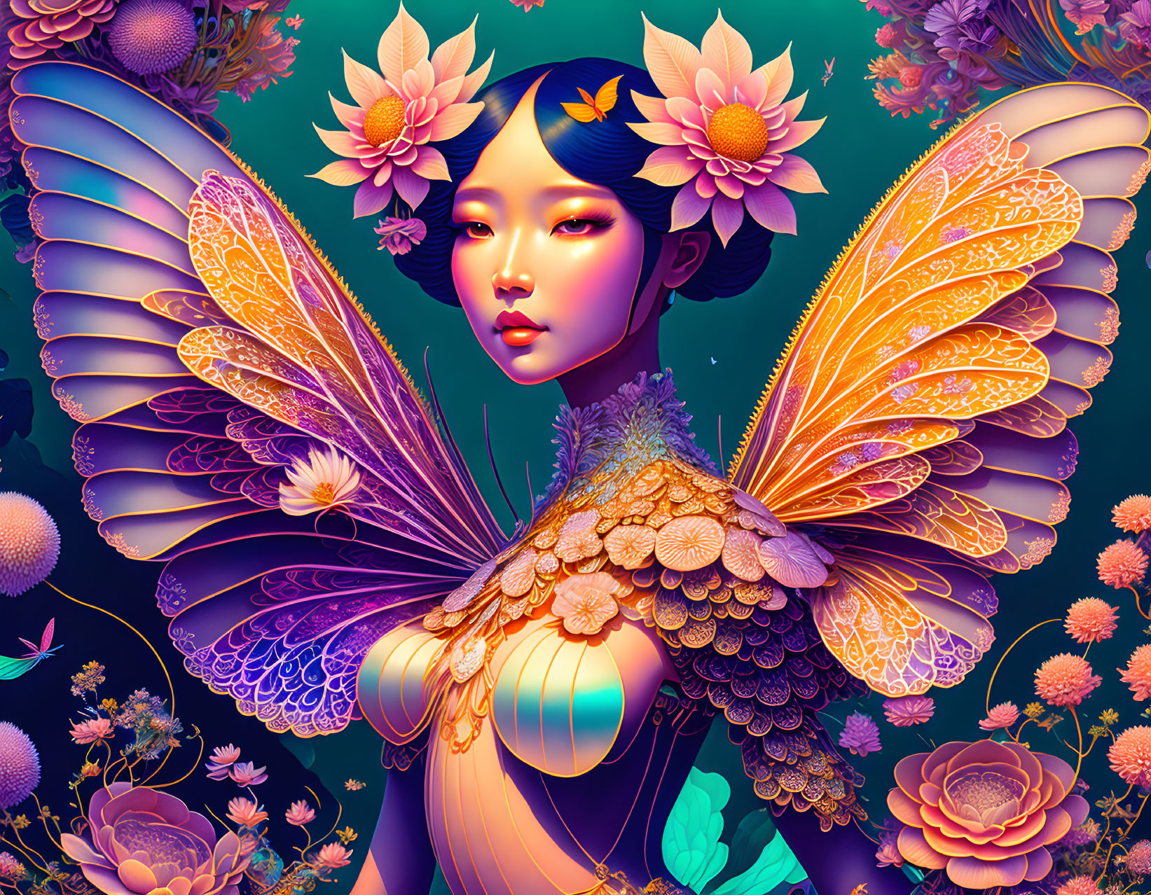 Digital Artwork: Woman with Butterfly Wings in Colorful, Fantastical Setting