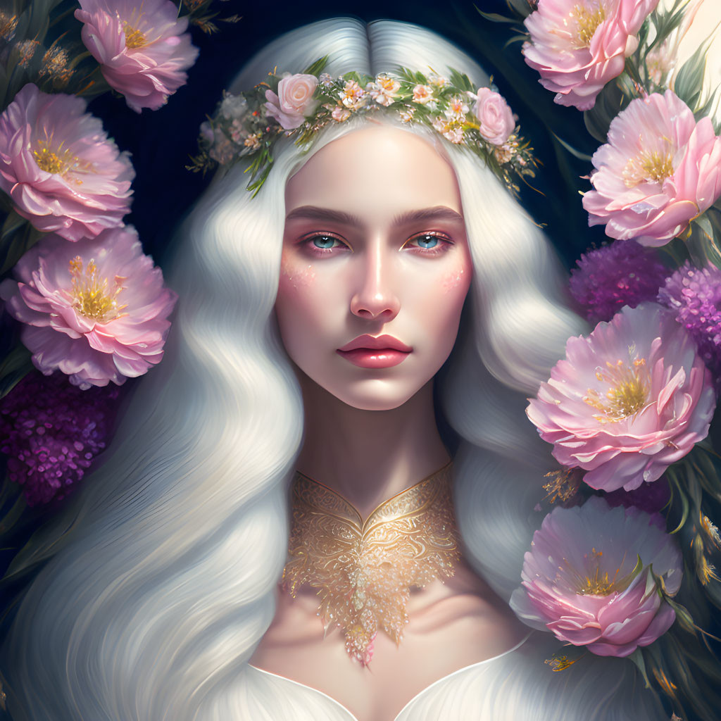 Digital painting of woman with white hair, floral crown, pink blossoms, gold necklace
