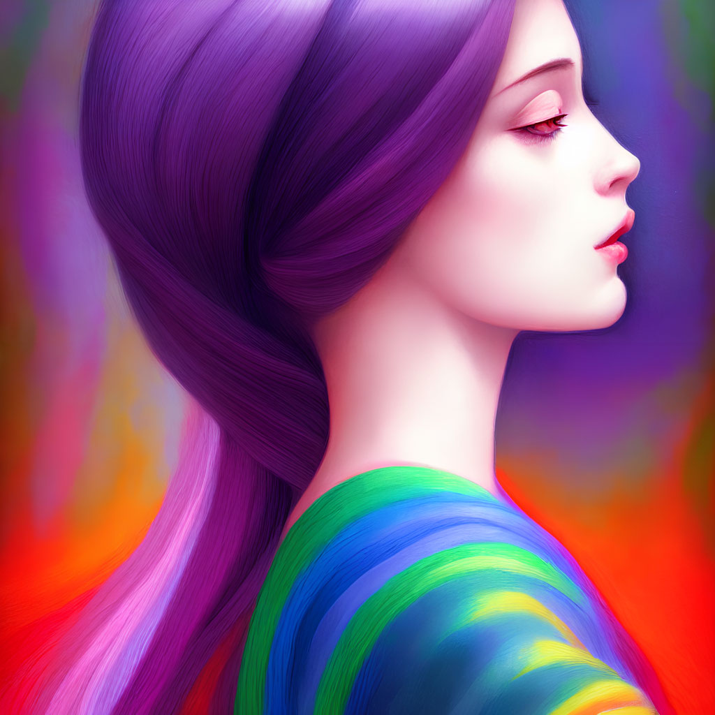 Digital painting of woman with purple hair in side profile on vibrant, multicolored background with rainbow attire