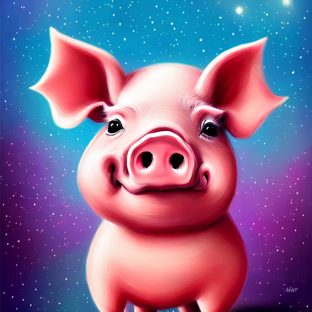 Whimsical pink pig illustration on magical background