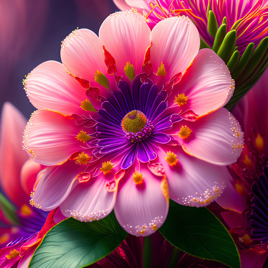 Detailed digital artwork of a pink flower with water droplets, surrounded by lush flora