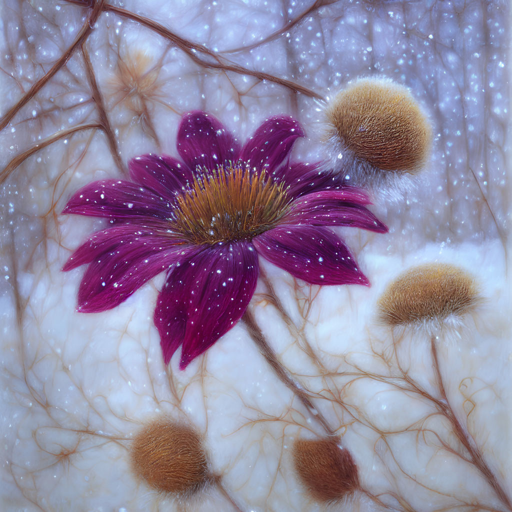Vivid Purple Flower with Golden Center and Fluffy Seed Pods on Frosty Background