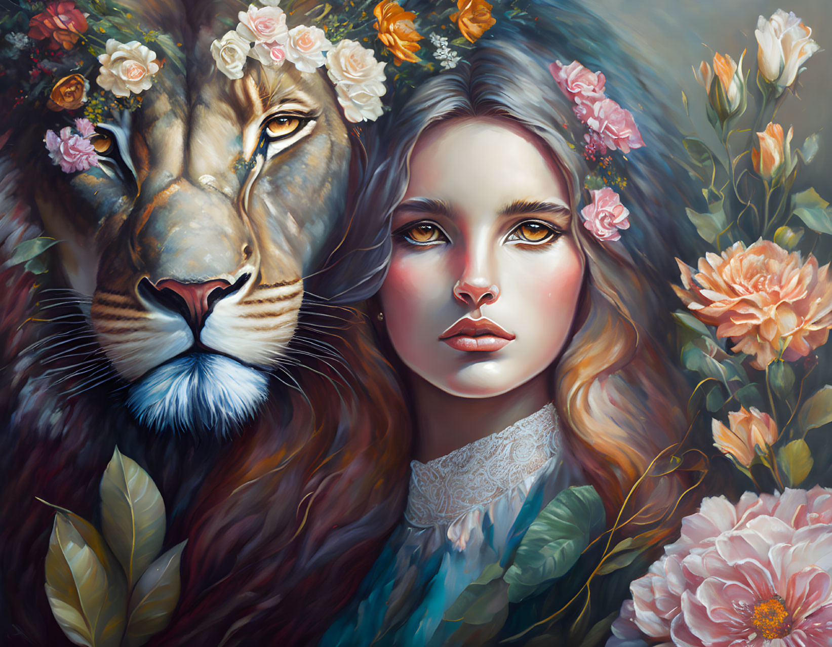 Surreal portrait of woman with lion's mane in vibrant floral setting