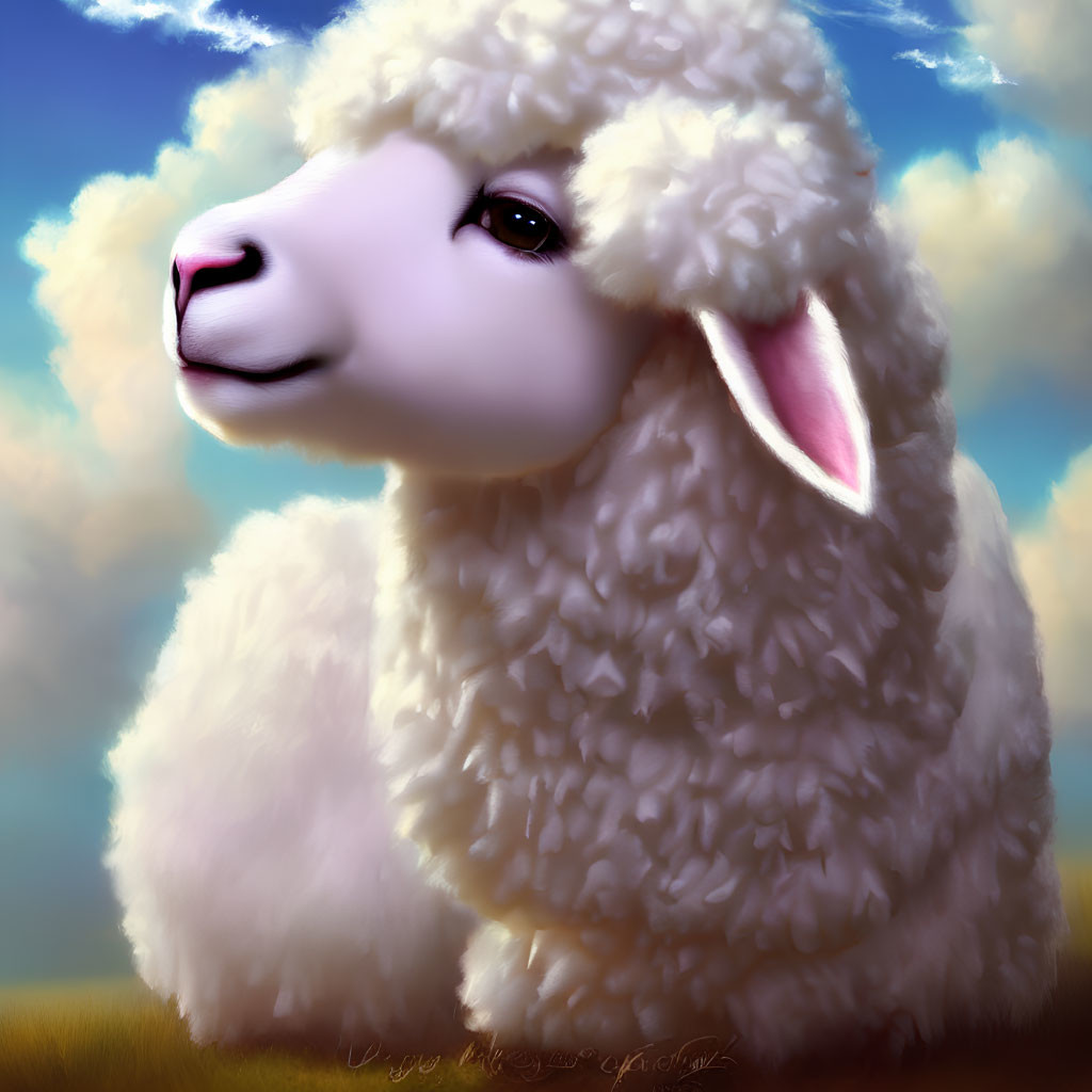 Fluffy sheep illustration against blue sky and clouds