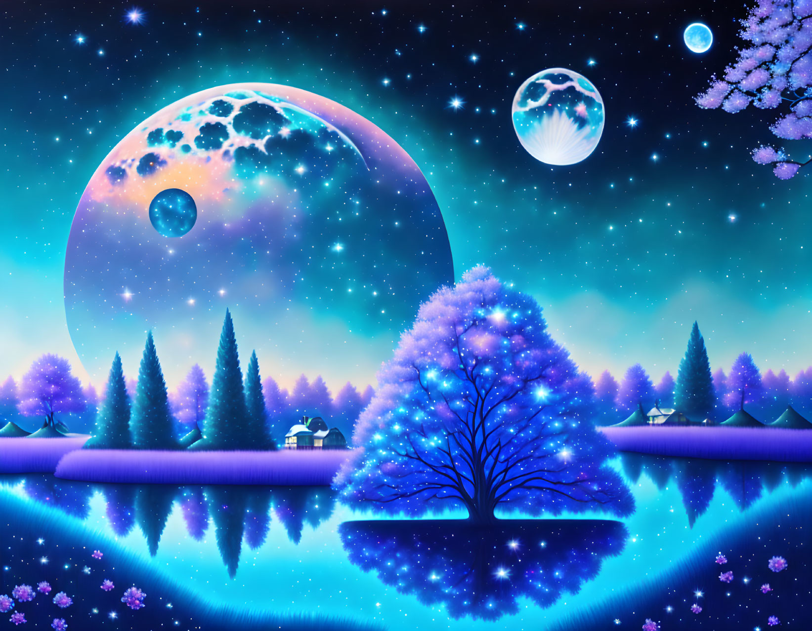 Detailed Night Sky with Large Moon, Reflective Lake, and Blossoming Trees
