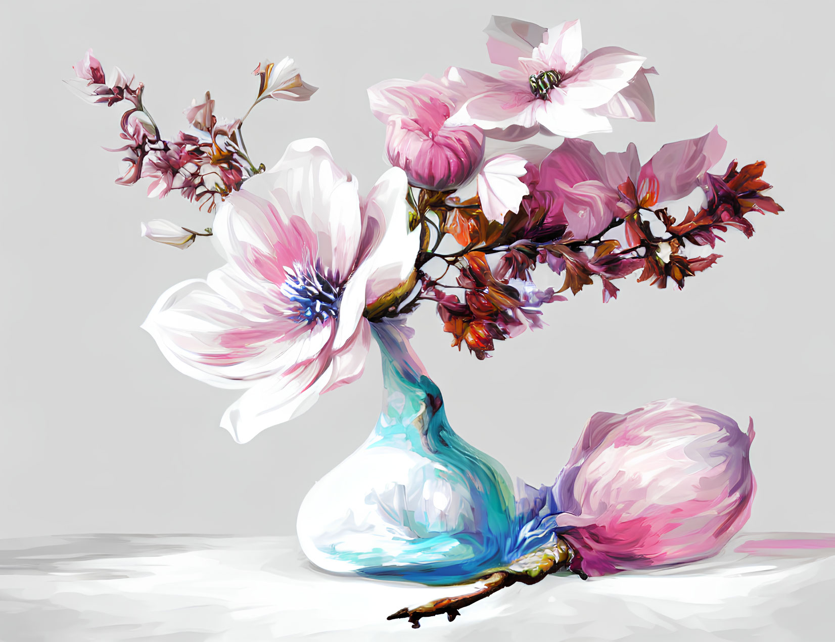 Pink and White Cherry Blossoms in Blue Vase with Fallen Petal - Digital Painting