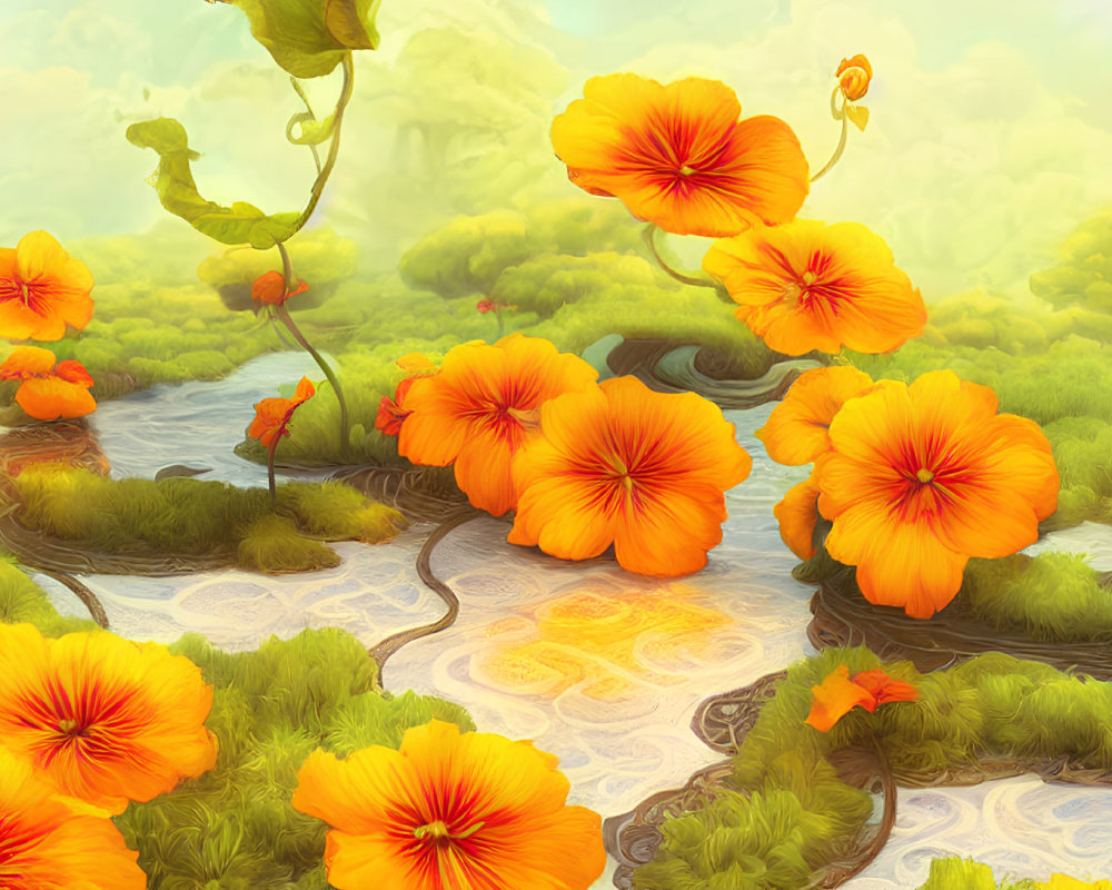 Surreal landscape with vibrant orange flowers and winding pathways
