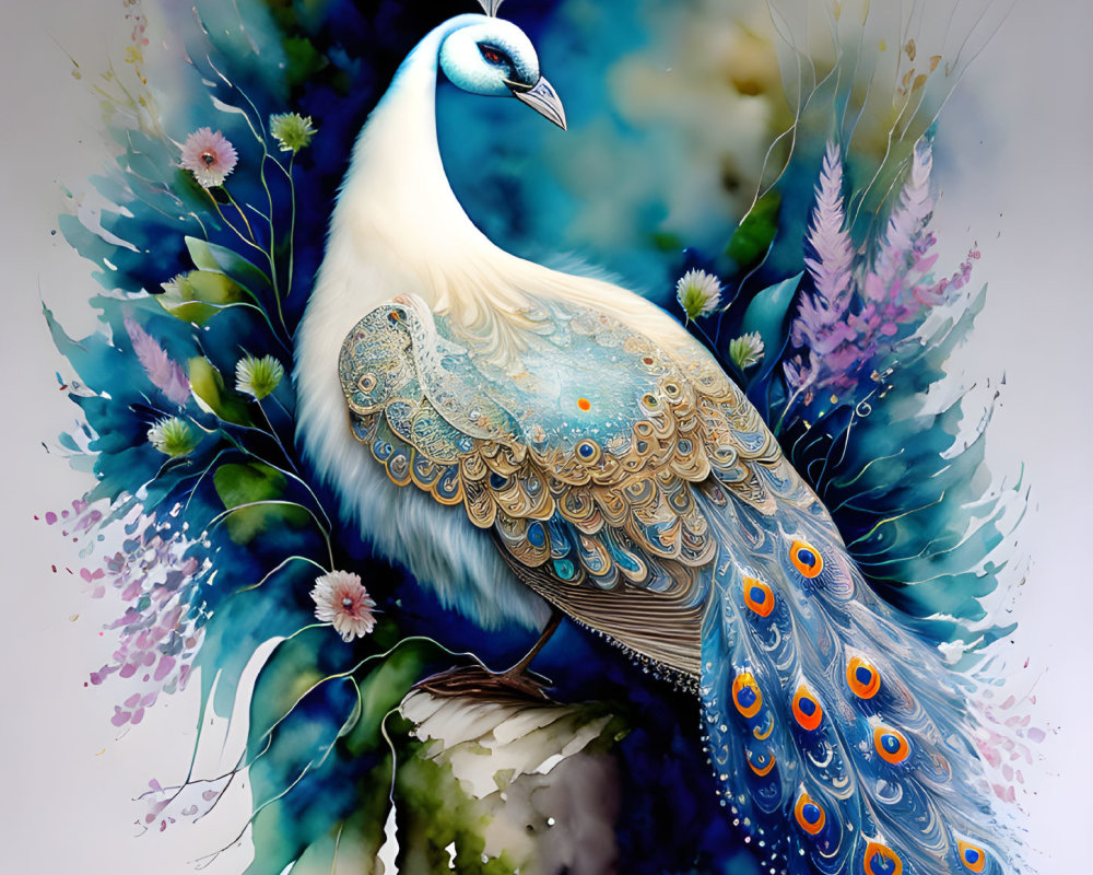 Vibrant blue and gold peacock with detailed feathers and colorful flowers