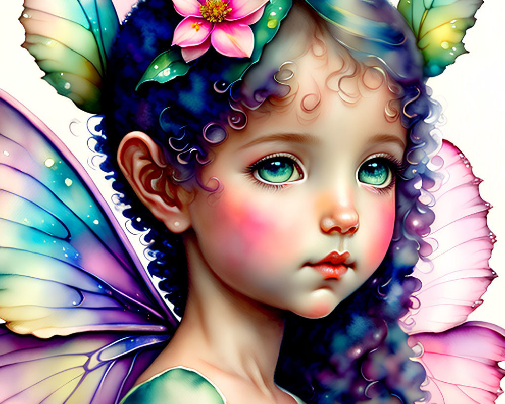 Colorful young fairy with butterfly wings and flower in hair