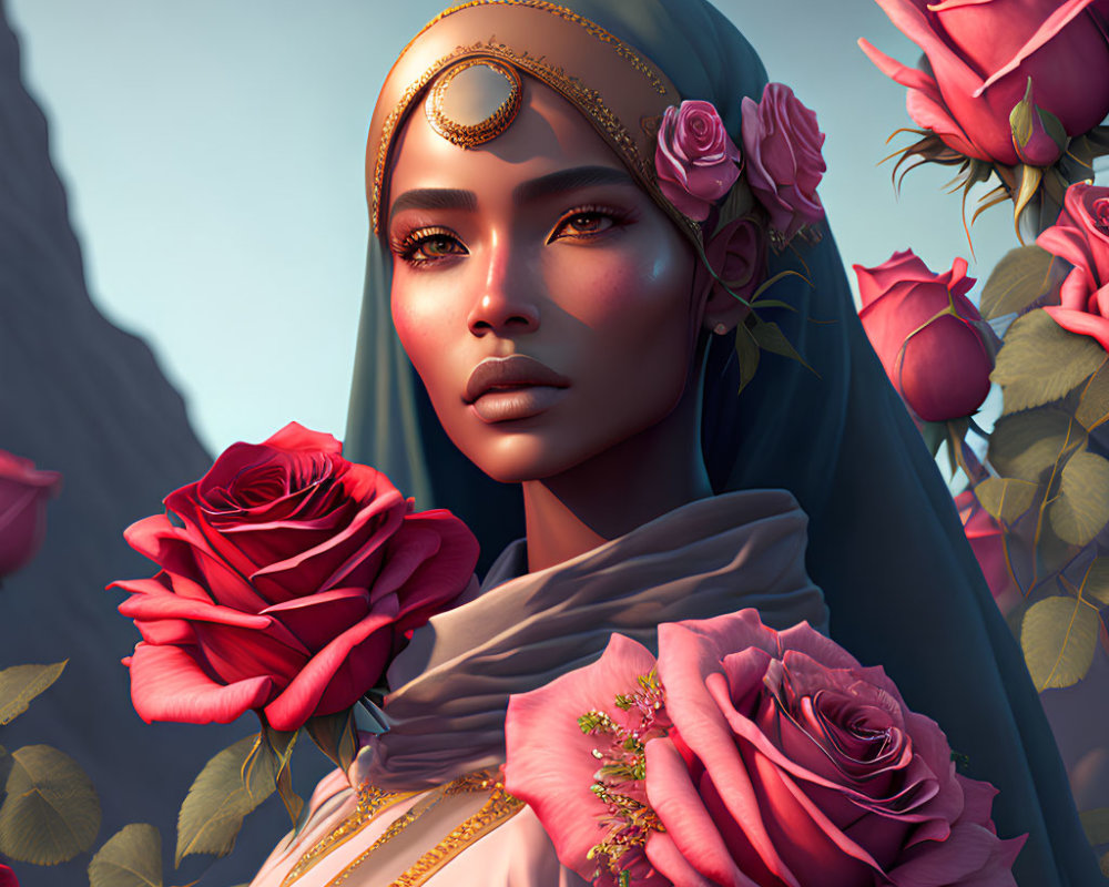 Digital portrait of woman with headscarf, moon pendant, and red roses under soft lighting