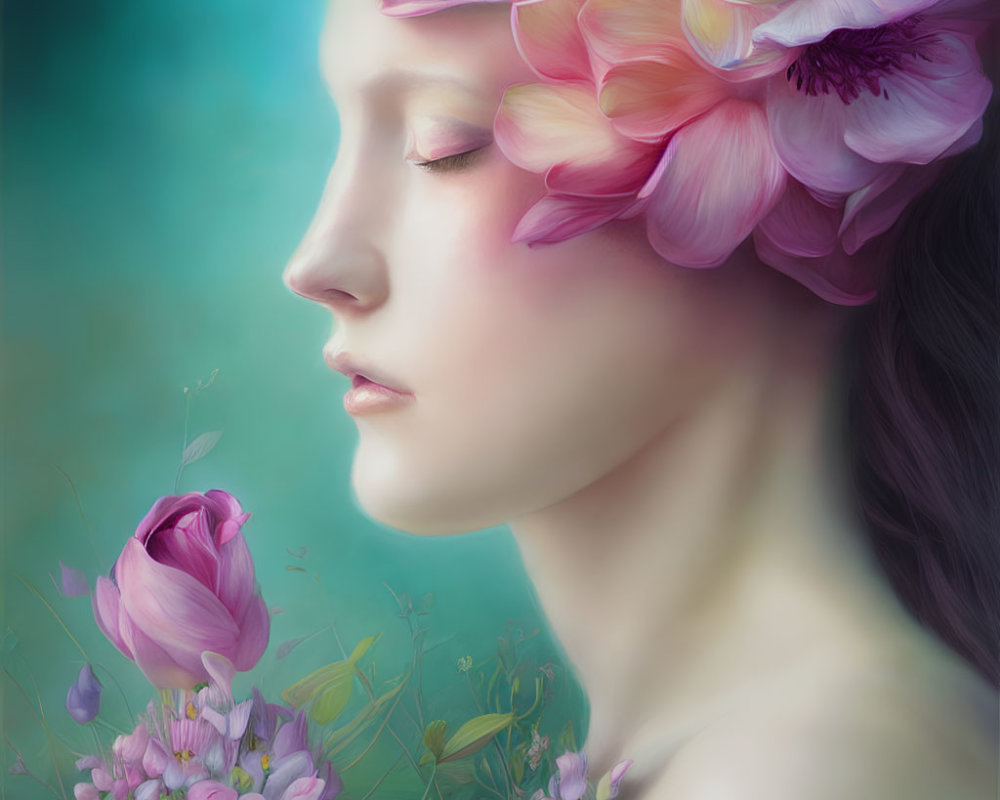 Digital painting of person with flowers in hair against teal background