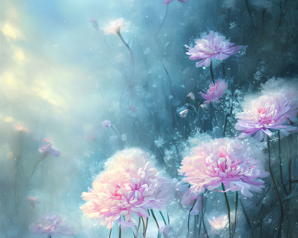 Soft pink flowers in misty blue background with warm light