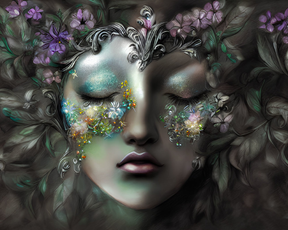 Surreal illustration of woman's face with jewels, flowers, leaves, and blossoms