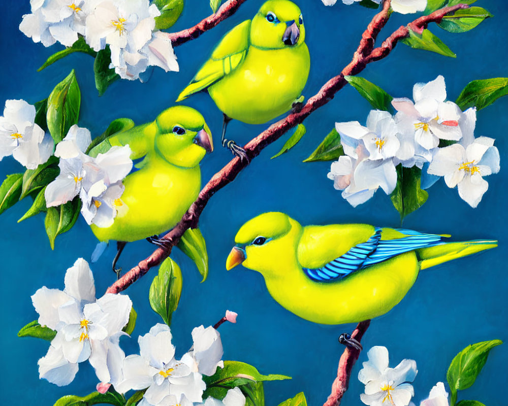 Colorful Birds on Branches with White Blossoms on Blue Background