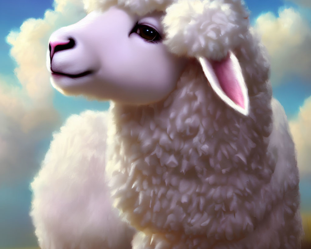 Fluffy sheep illustration against blue sky and clouds