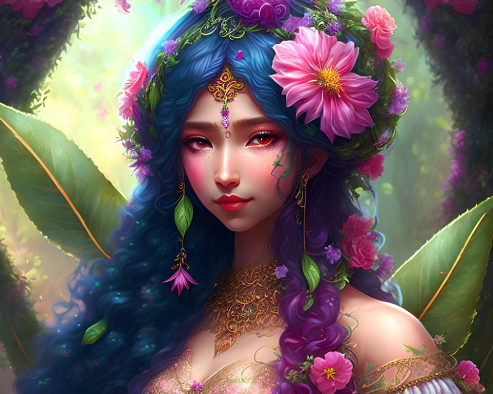 Fantasy illustration of woman with blue hair and floral adornments