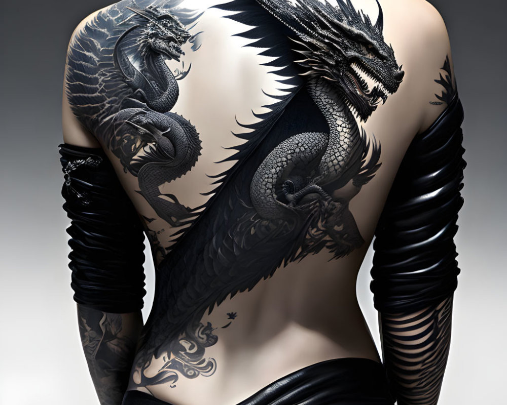 Detailed Black Dragon Tattoo Adorning Person's Back