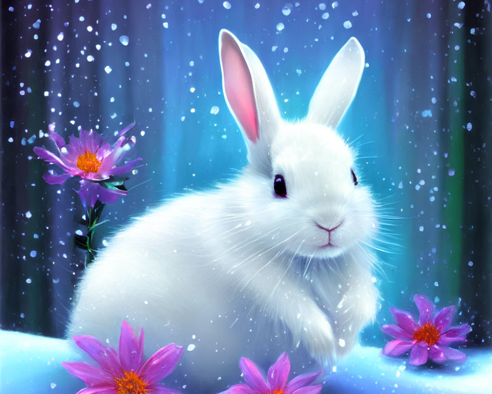White Rabbit Surrounded by Snowflakes and Pink Flowers on Blue Background
