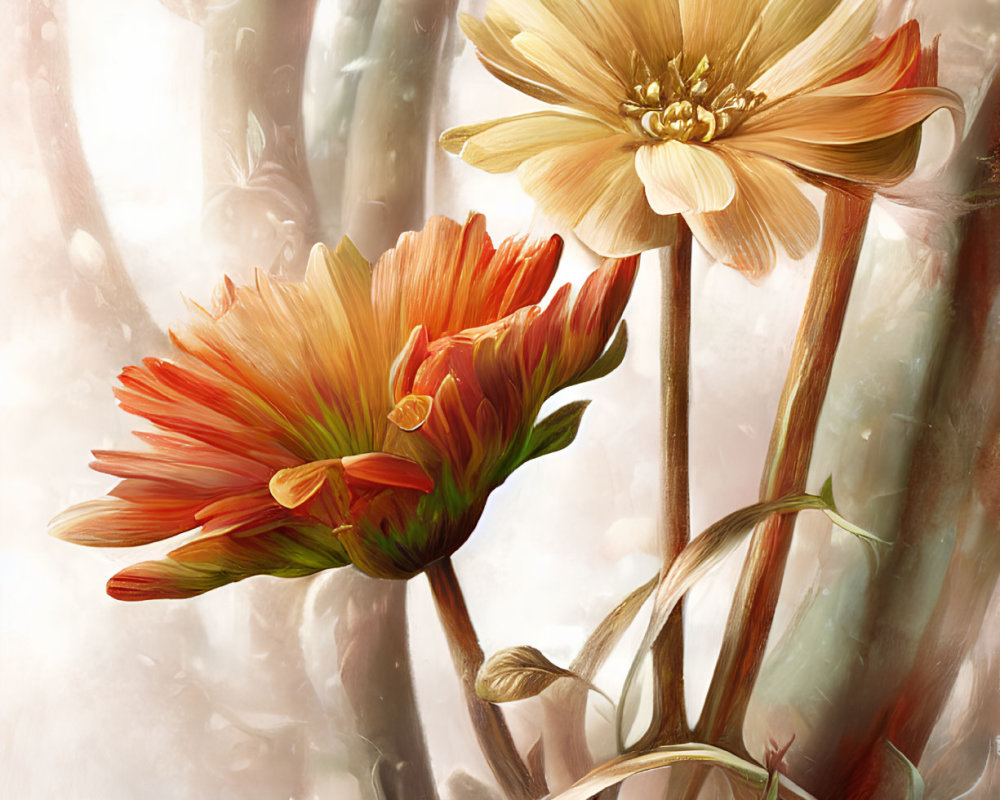 Vibrant orange and yellow flowers in digital painting