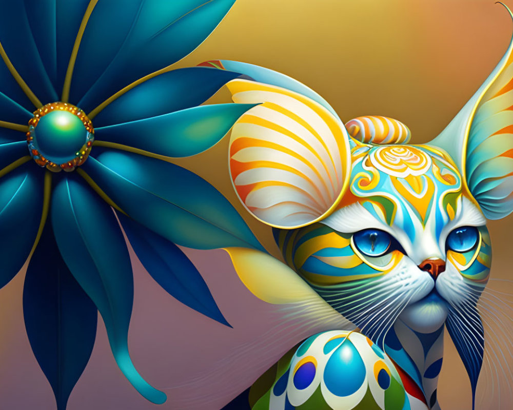 Colorful Stylized Cat Artwork with Blue Flower Backdrop