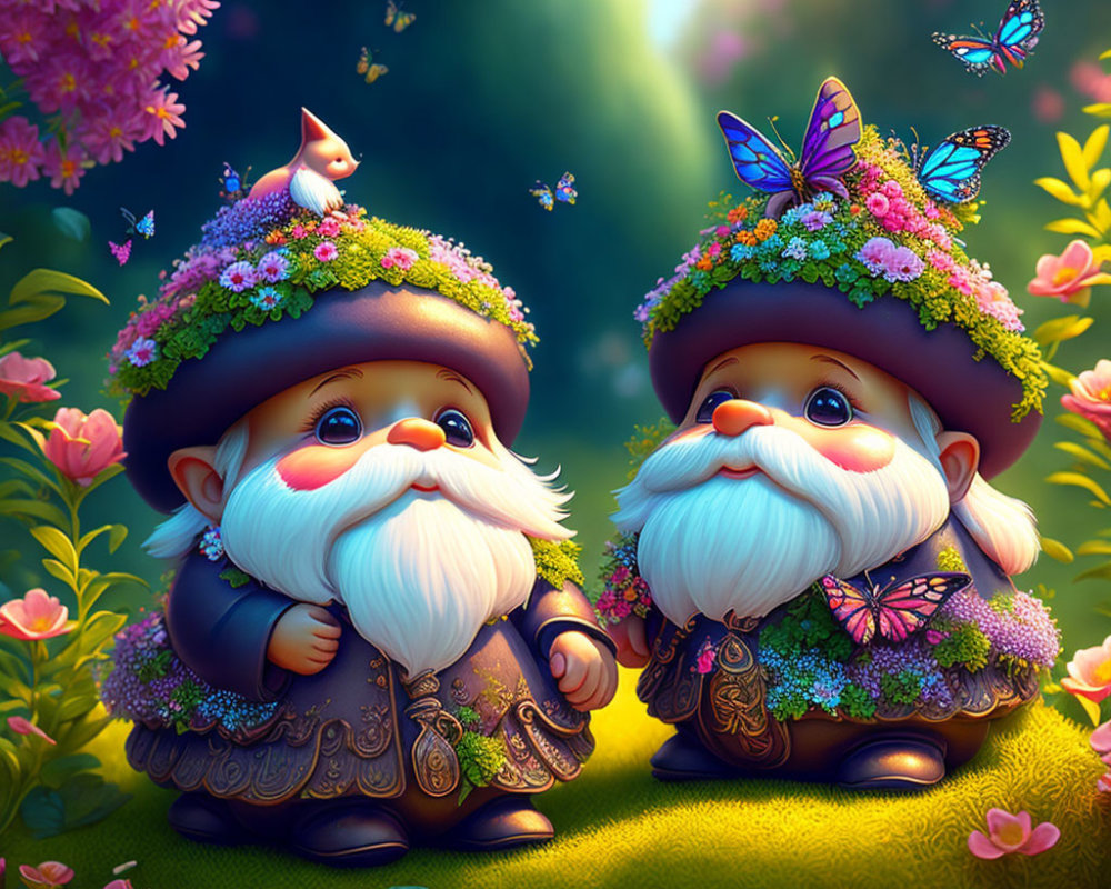 Colorful garden gnomes with floral hats in magical forest scene