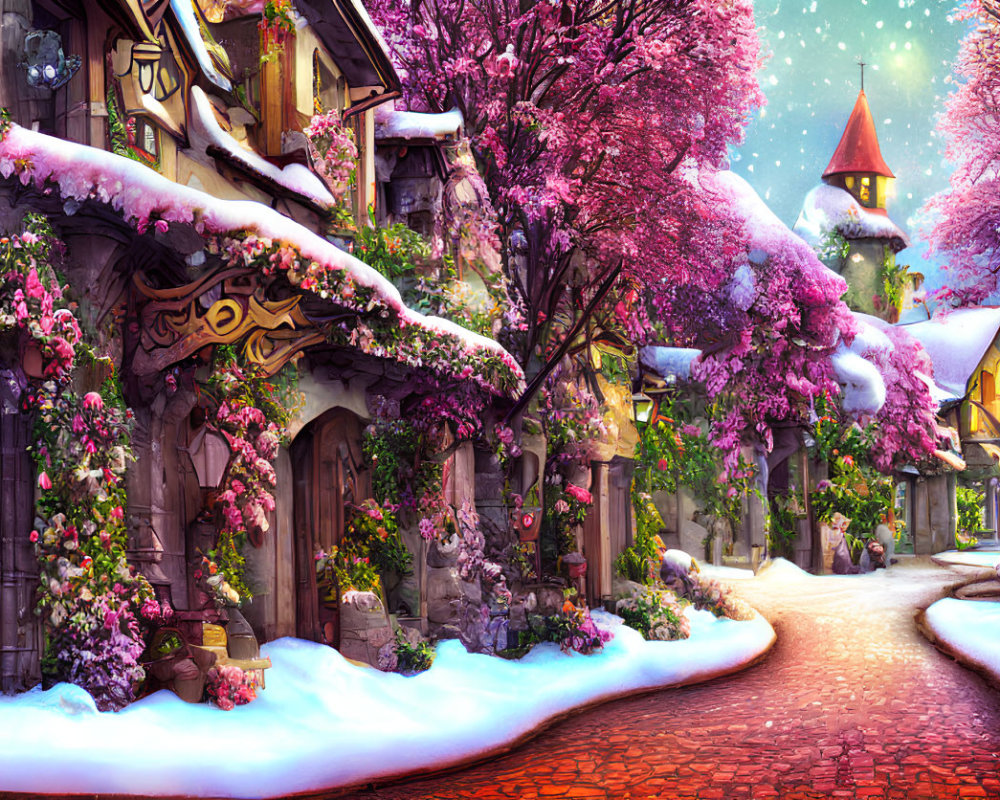 Snowy village scene with cobblestone paths and pink blossoming trees