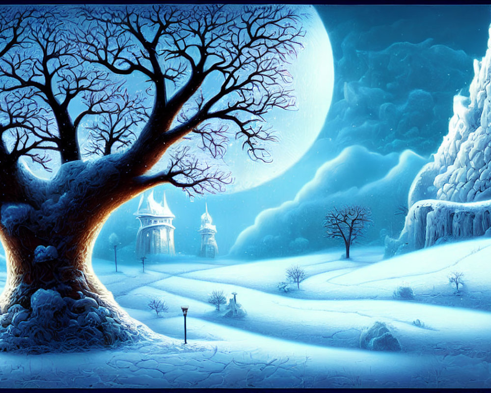 Winter night scene with large tree, glowing moon, distant castle, and snowy landscape