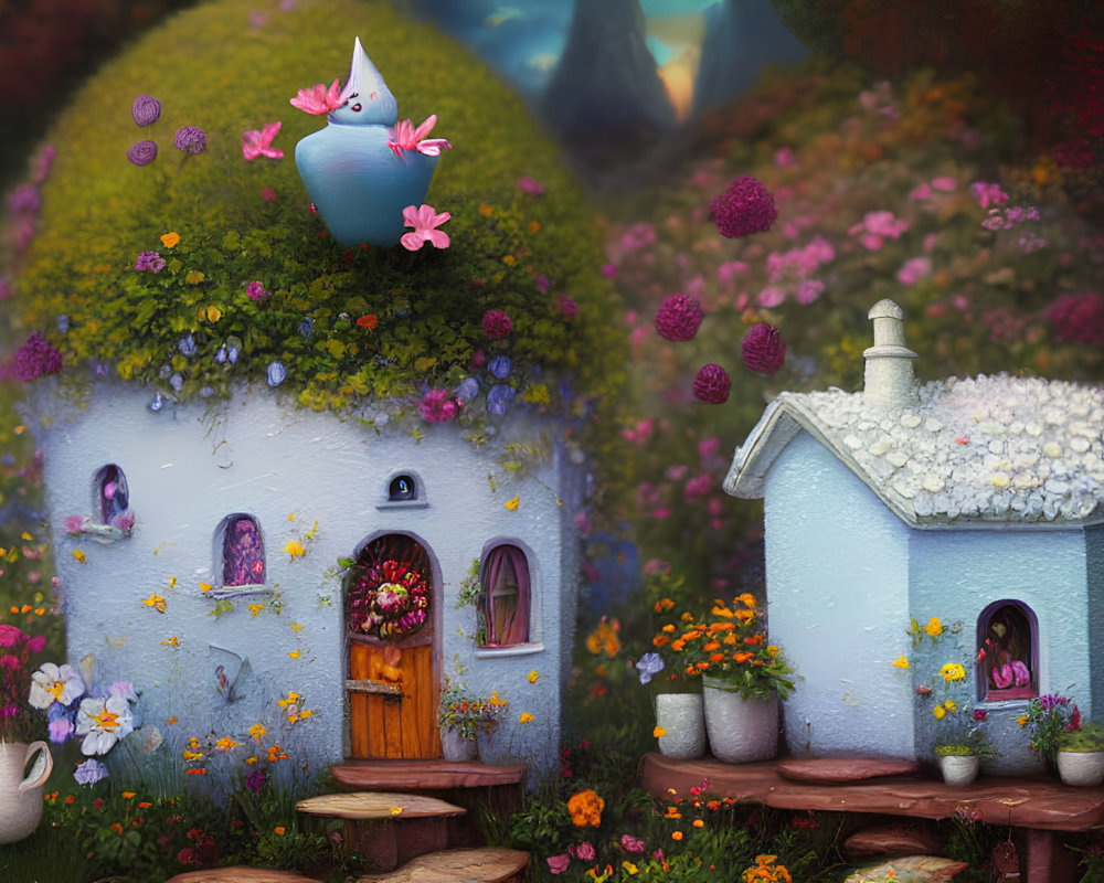 Illustration of fairy-tale cottages with teapot on roof