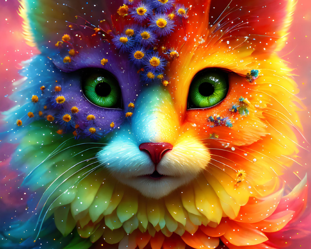 Multicolored Cat with Green Eyes and Flowers in Fur in Rainbow Spectrum