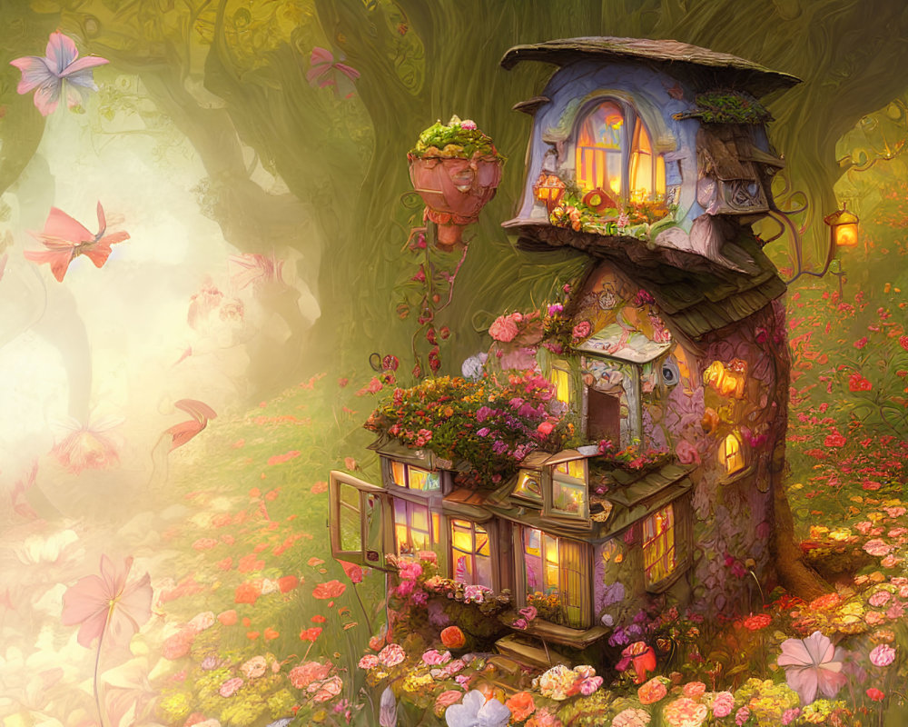Enchanted forest fairy-tale cottage with butterflies and lanterns