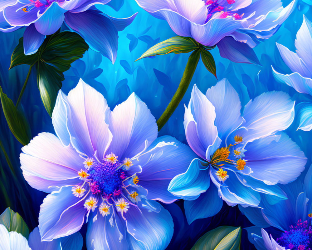 Colorful digital painting: Blue and purple flowers with golden stamens on leafy background
