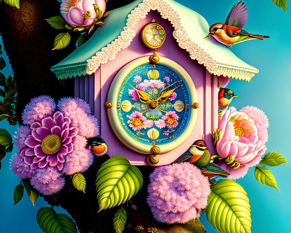Ornate floral cuckoo clock with birds and vibrant colors
